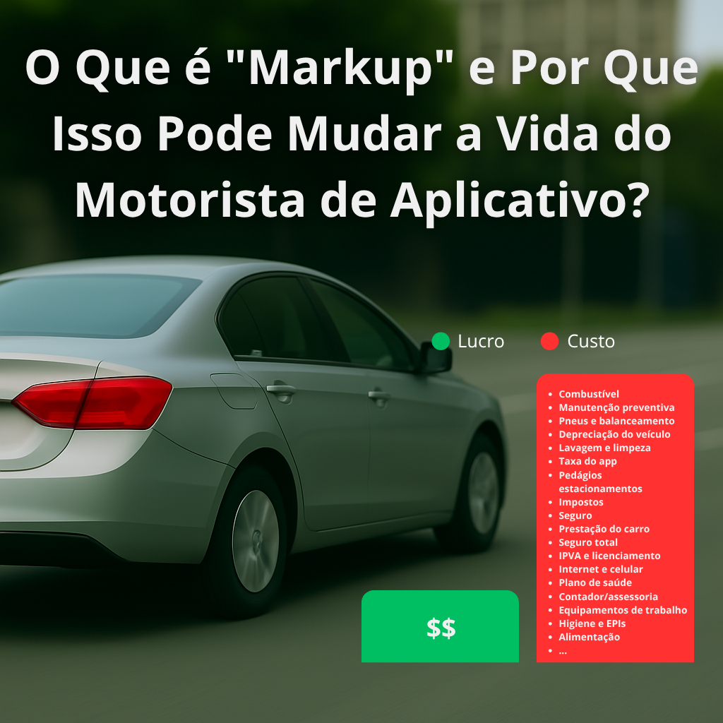 Carro de aplicativo na estrada com gráfico sobre custos, lucro